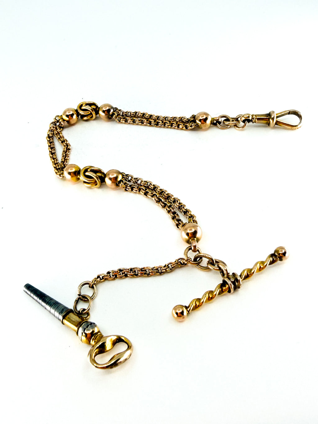 Victorian 9k gold Albertina watch chain with watch key