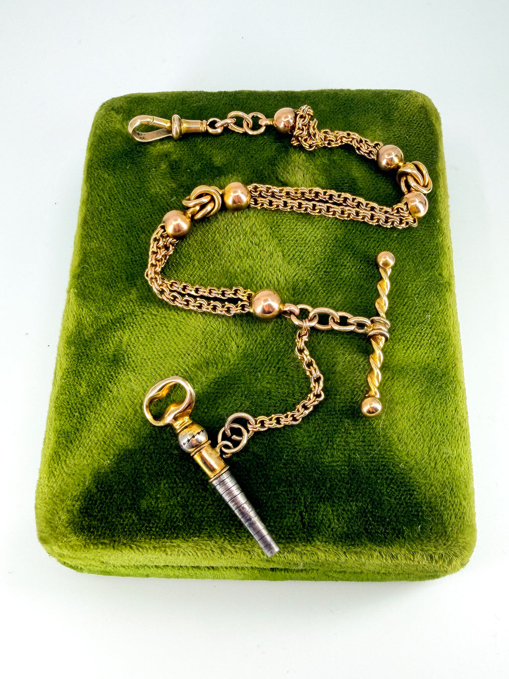 Victorian 9k gold Albertina watch chain with watch key