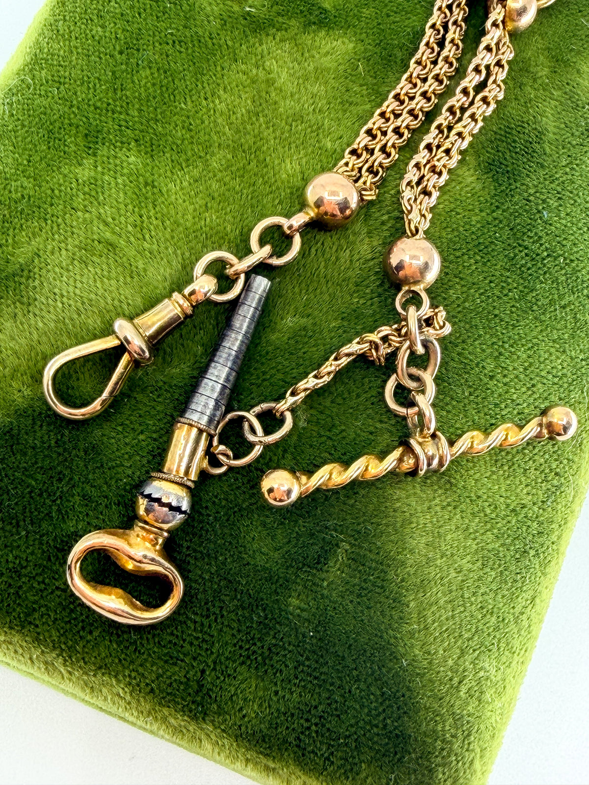 Victorian 9k gold Albertina watch chain with watch key