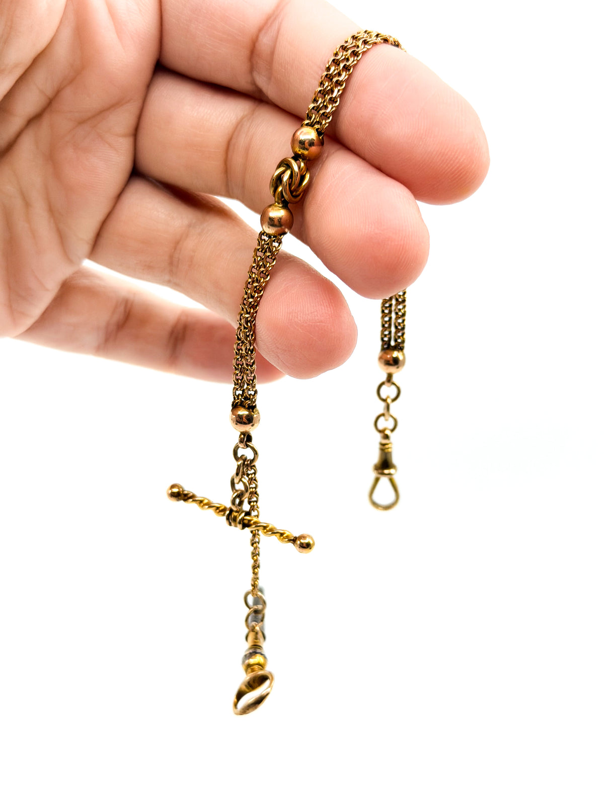 Victorian 9k gold Albertina watch chain with watch key