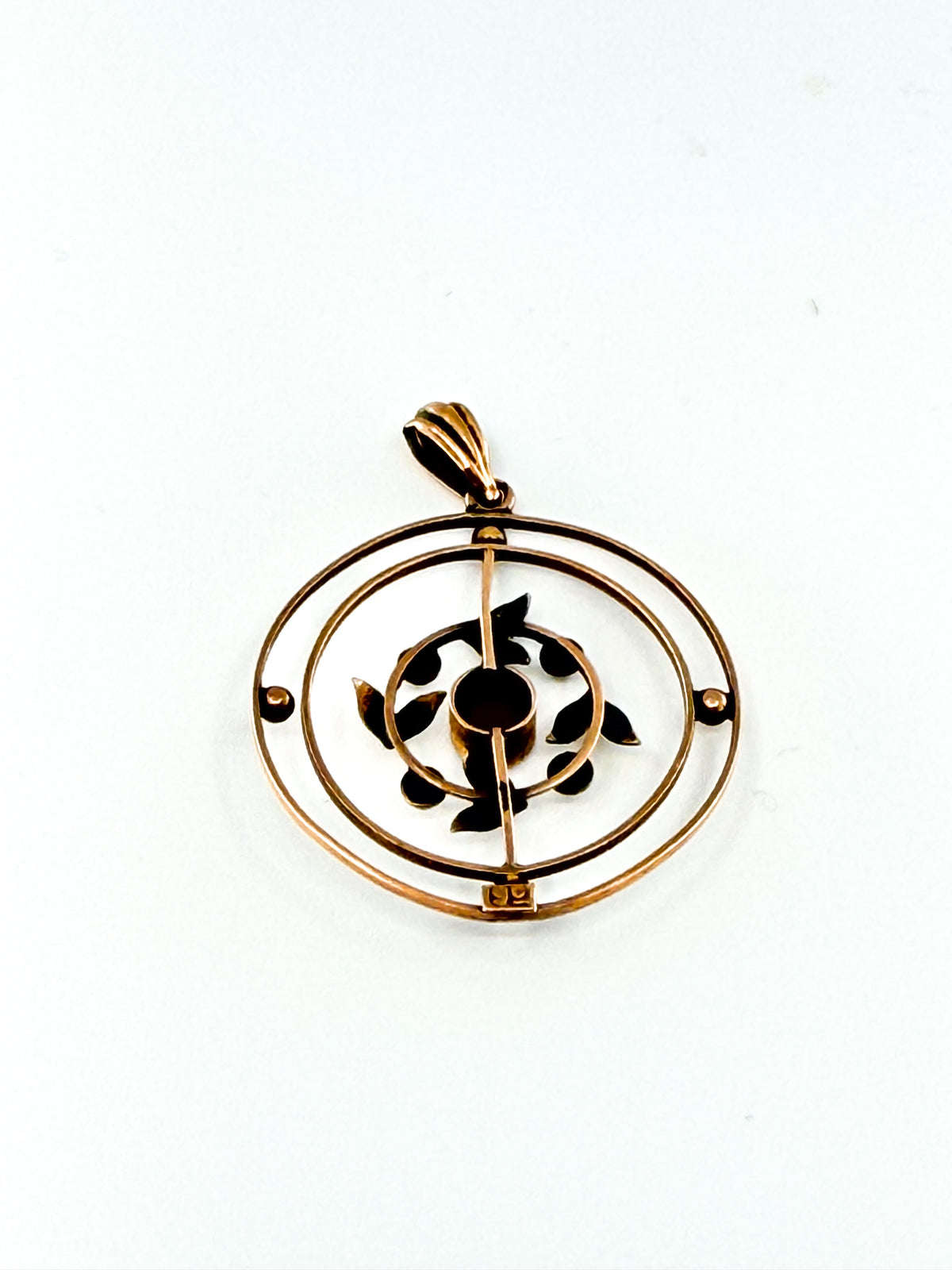 Edwardian 9k gold lavalier pendant with garnet and seed pearls