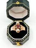 Victorian 10k gold pearl and red paste ring with etched band