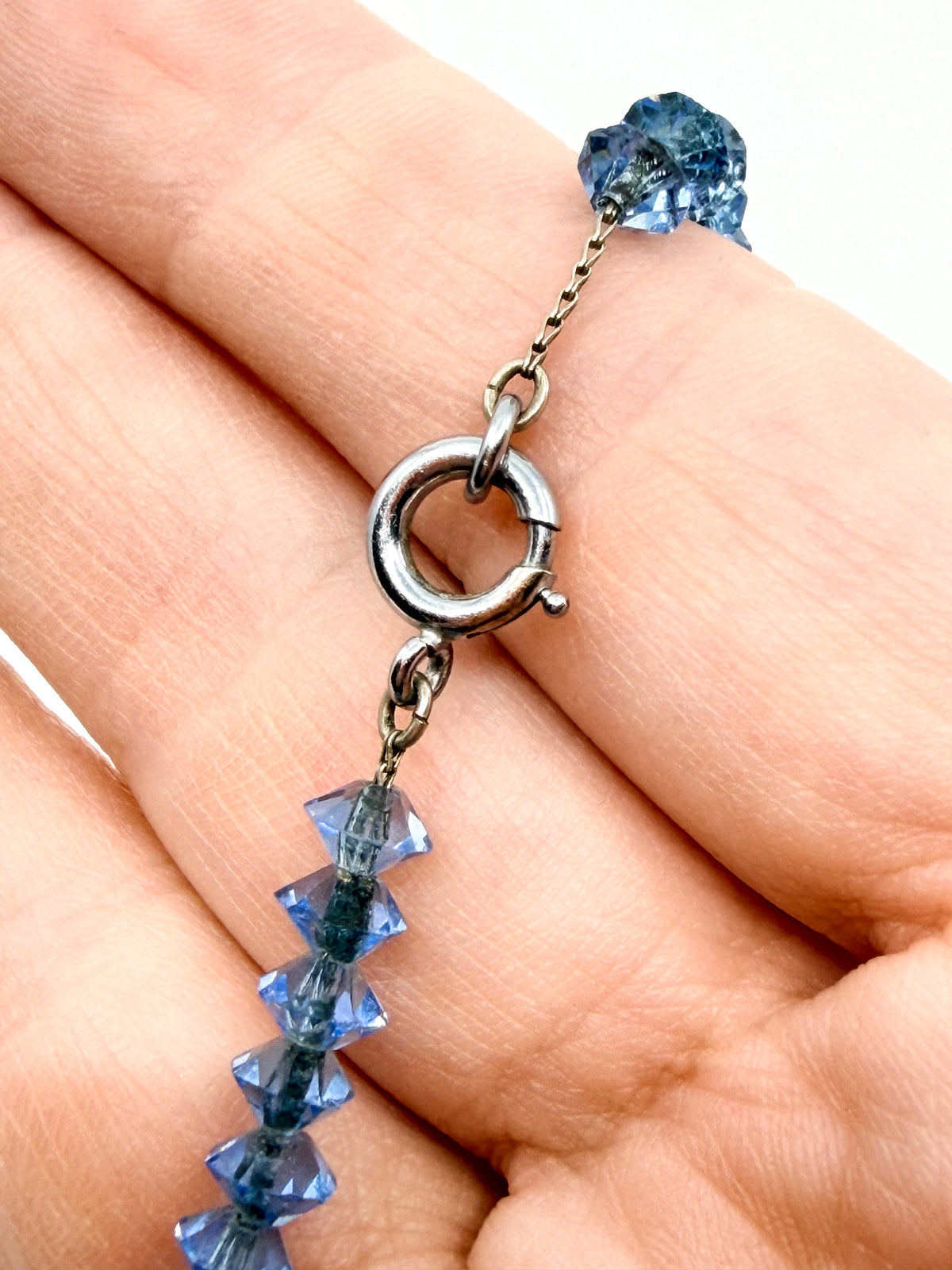 Art Deco blue glass pendant necklace strung on chain