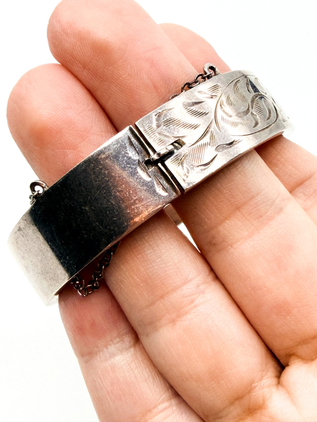 Vintage sterling silver etched floral cuff bracelet