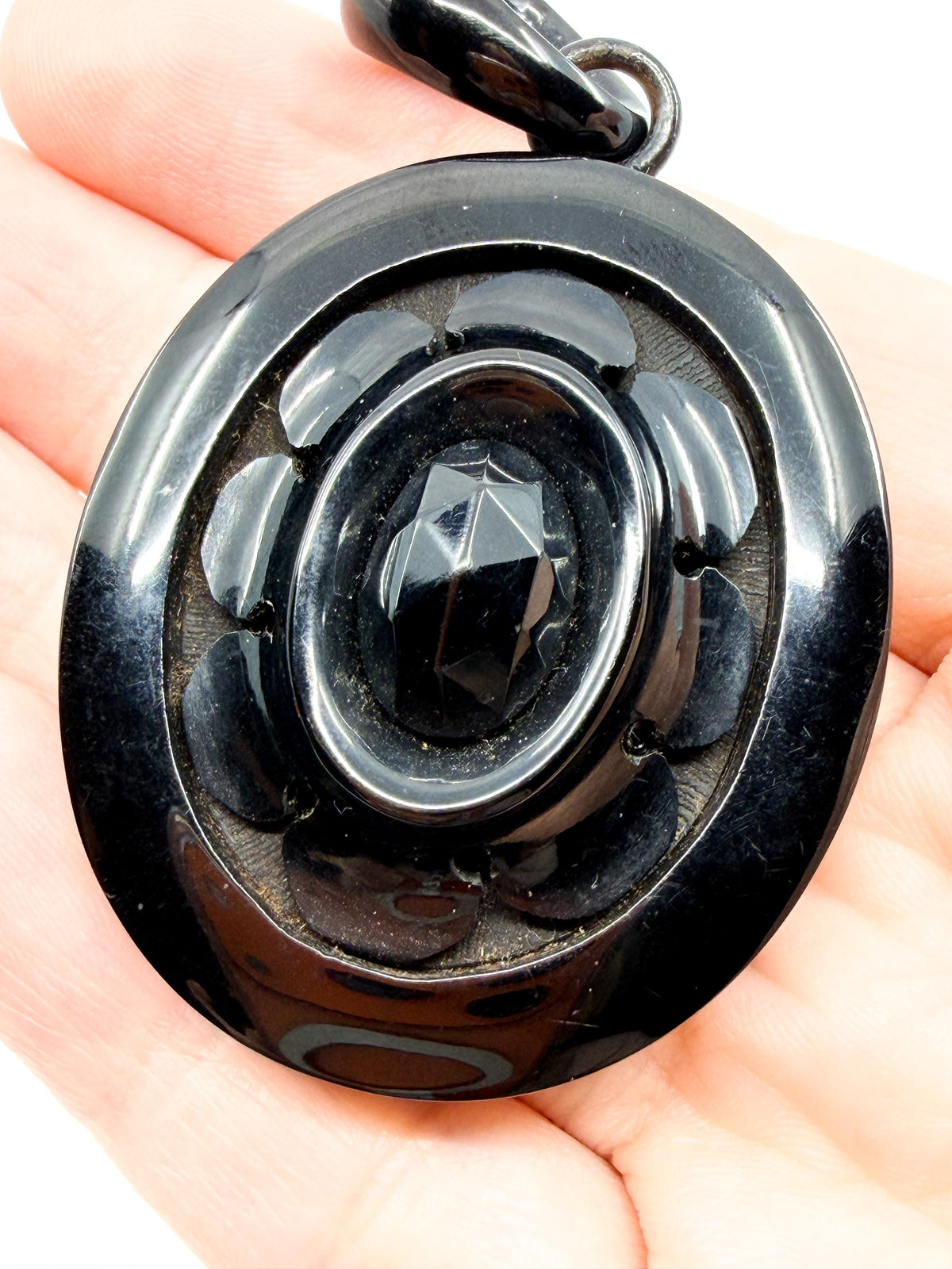 Victorian large carved Whitby jet portrait pendant