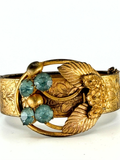 1930s stamped brass wide cuff bracelet with blue rhinestones