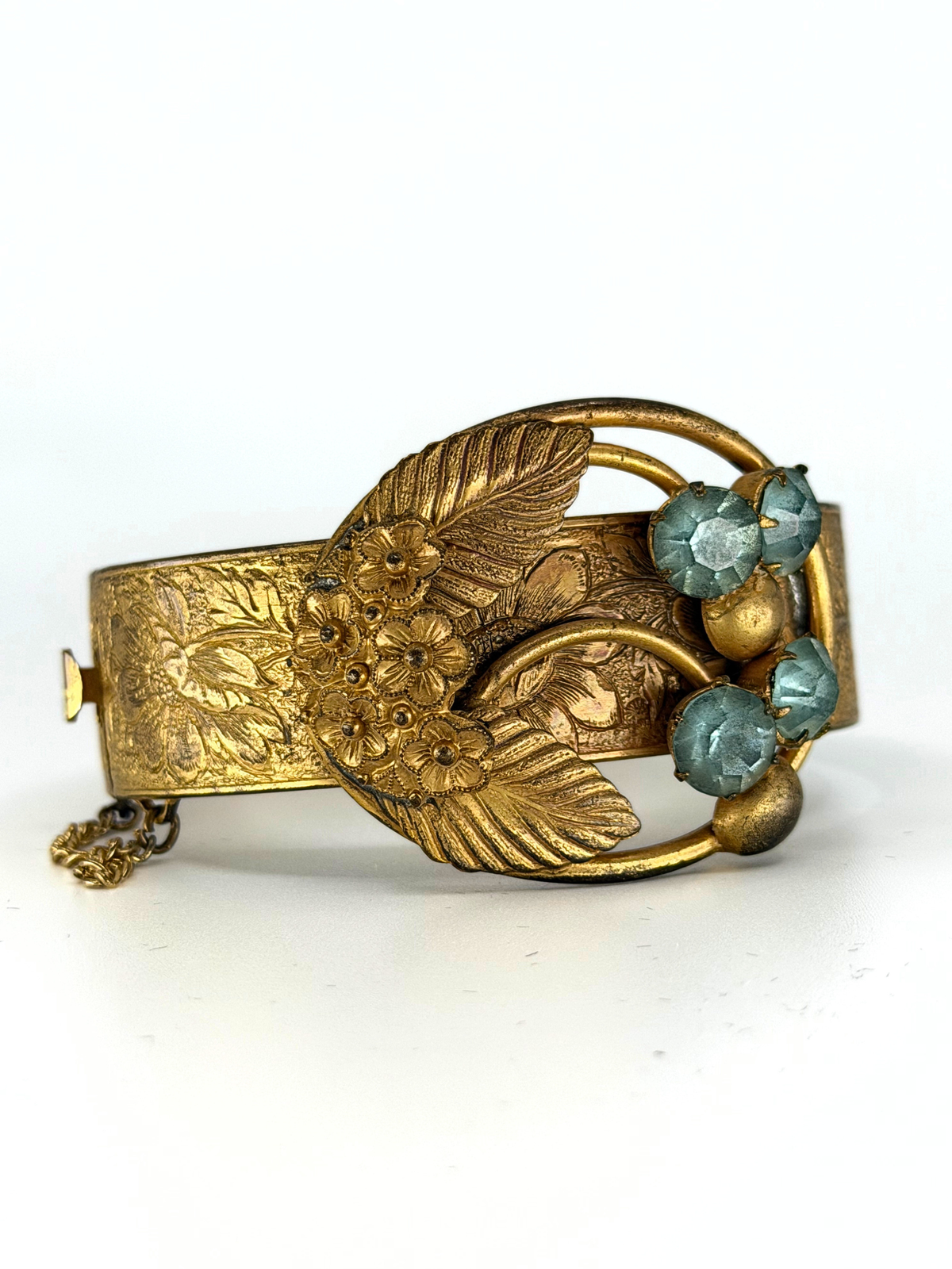 1930s stamped brass wide cuff bracelet with blue rhinestones