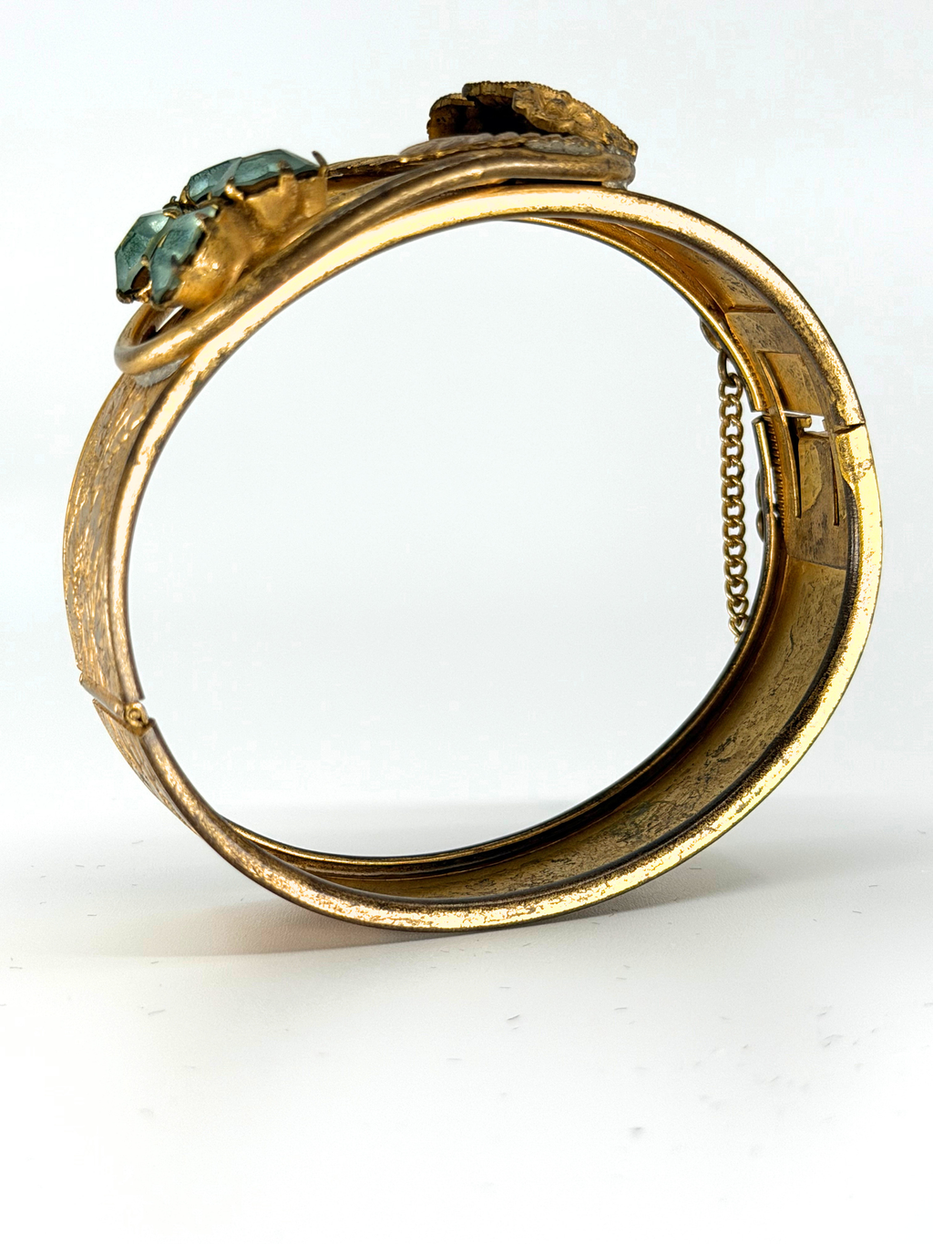 1930s stamped brass wide cuff bracelet with blue rhinestones