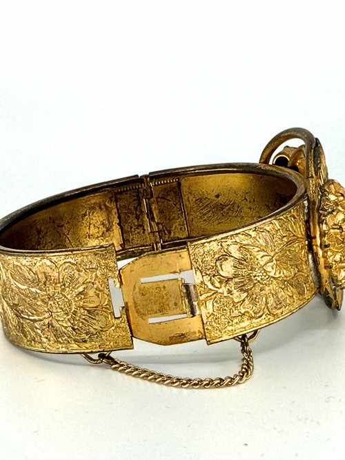 1930s stamped brass wide cuff bracelet with blue rhinestones