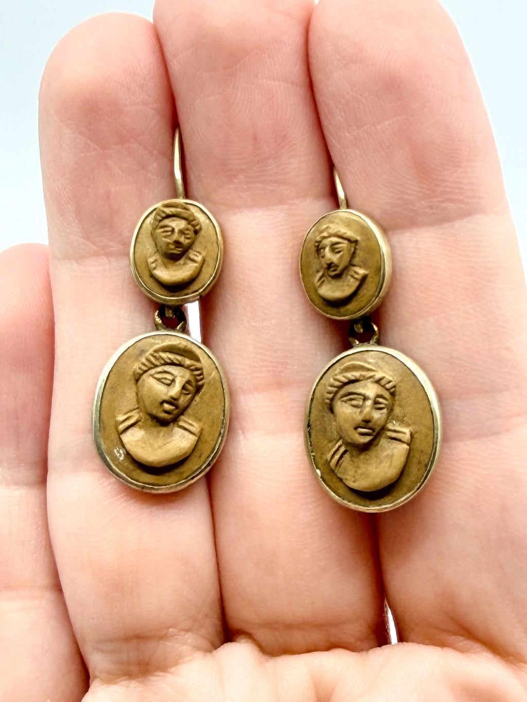 Antique Victorian lava cameo drop earrings