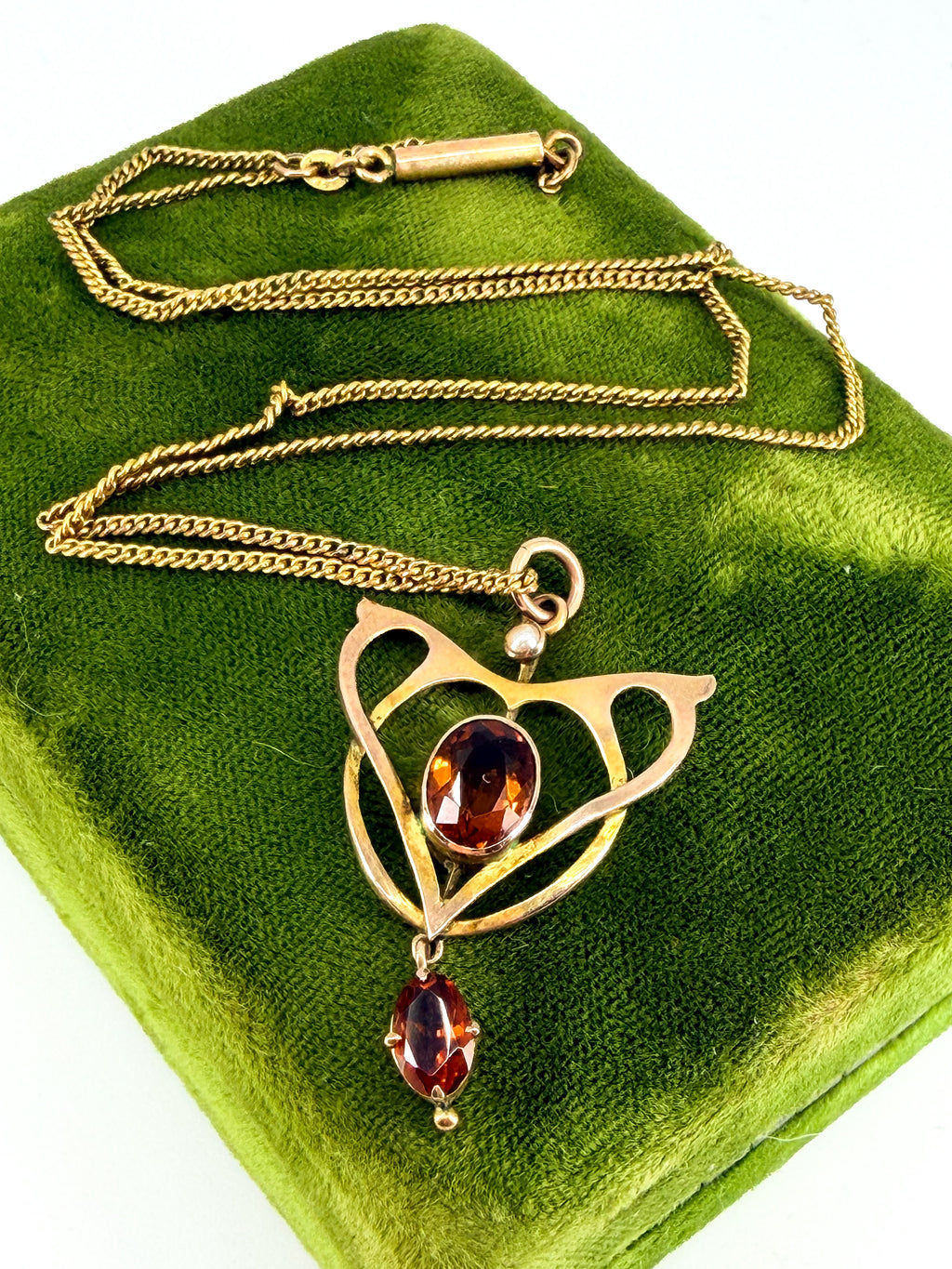 Edwardian 9k gold and citrine lavalier pendant on gold-filled chain