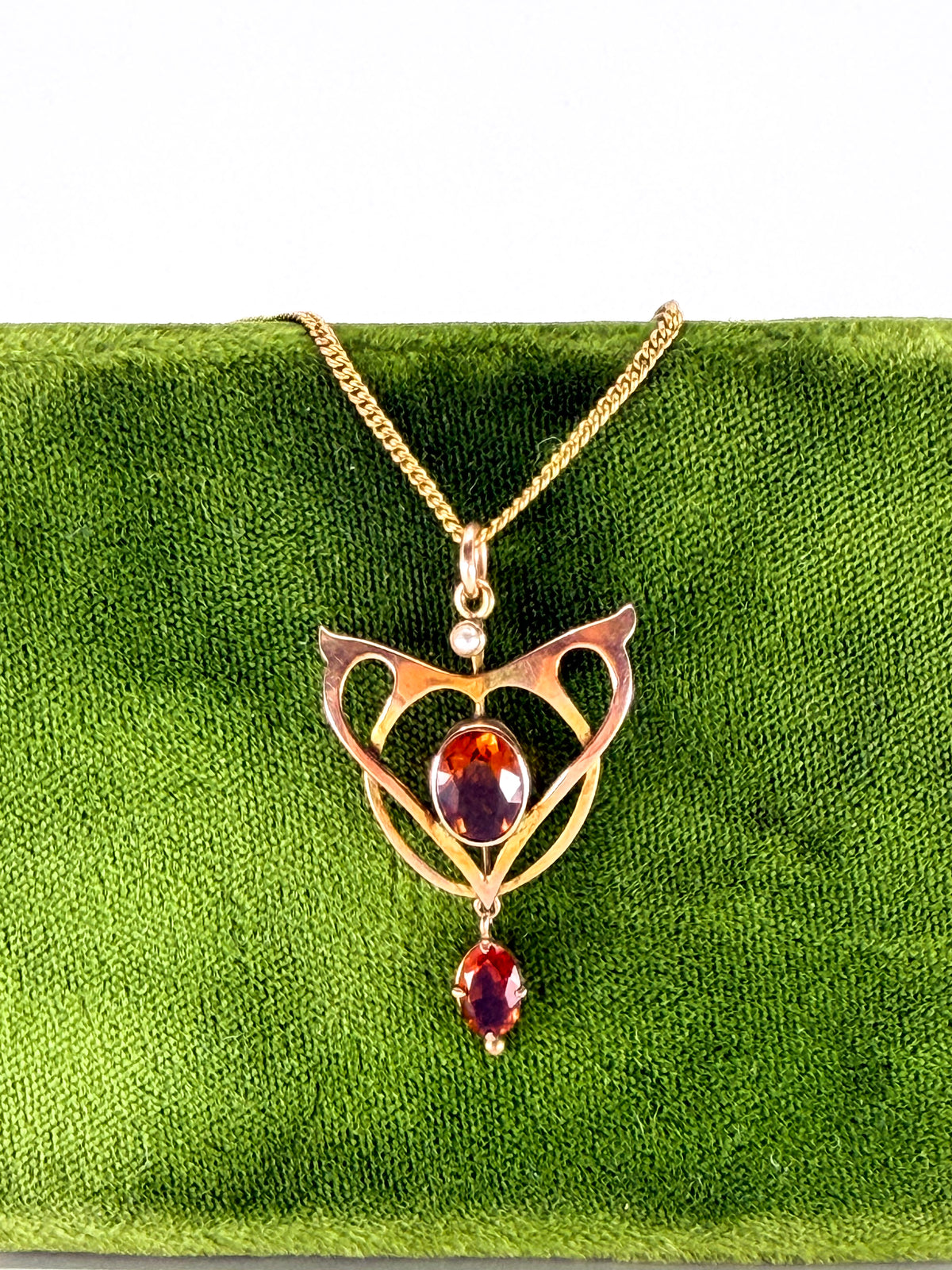 Edwardian 9k gold and citrine lavalier pendant on gold-filled chain