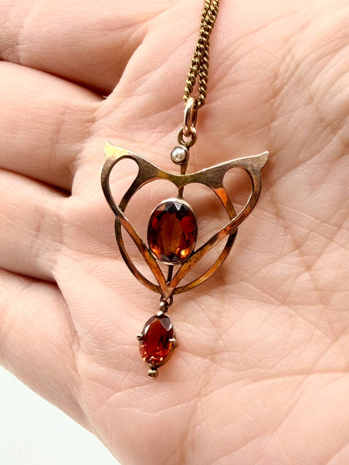 Edwardian 9k gold and citrine lavalier pendant on gold-filled chain