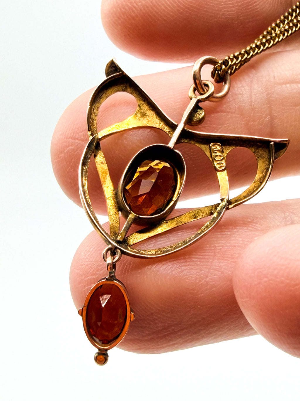 Edwardian 9k gold and citrine lavalier pendant on gold-filled chain