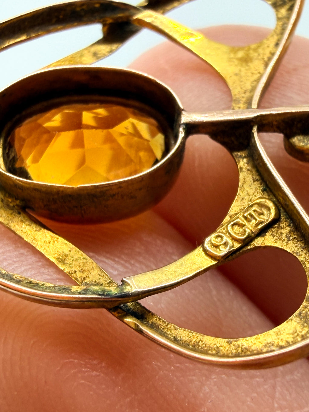 Edwardian 9k gold and citrine lavalier pendant on gold-filled chain