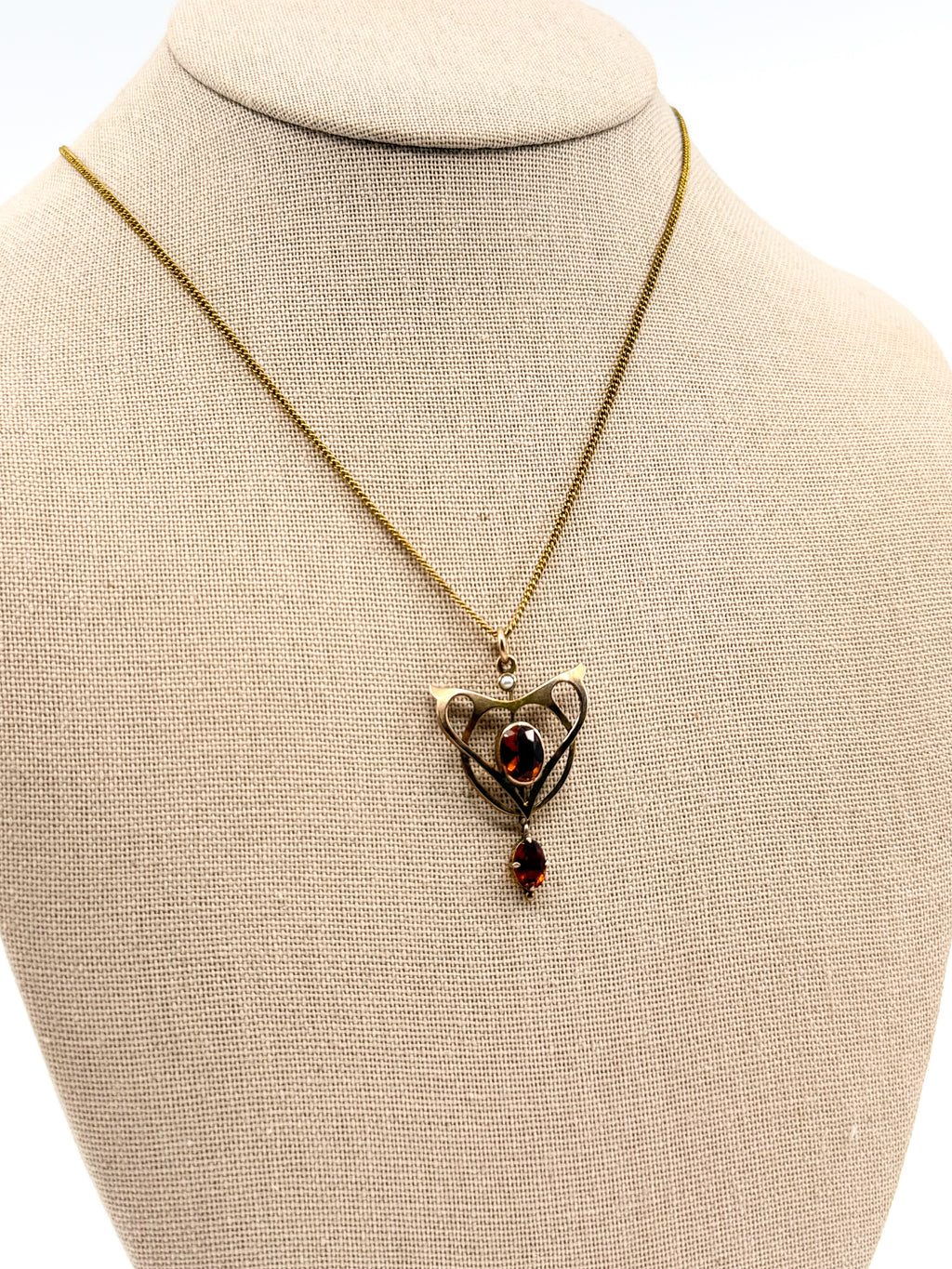 Edwardian 9k gold and citrine lavalier pendant on gold-filled chain