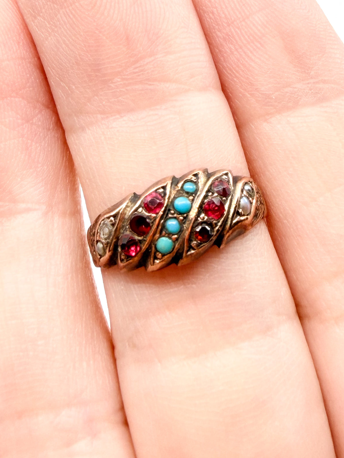 Victorian 9k gold turquoise and seed pearl ring