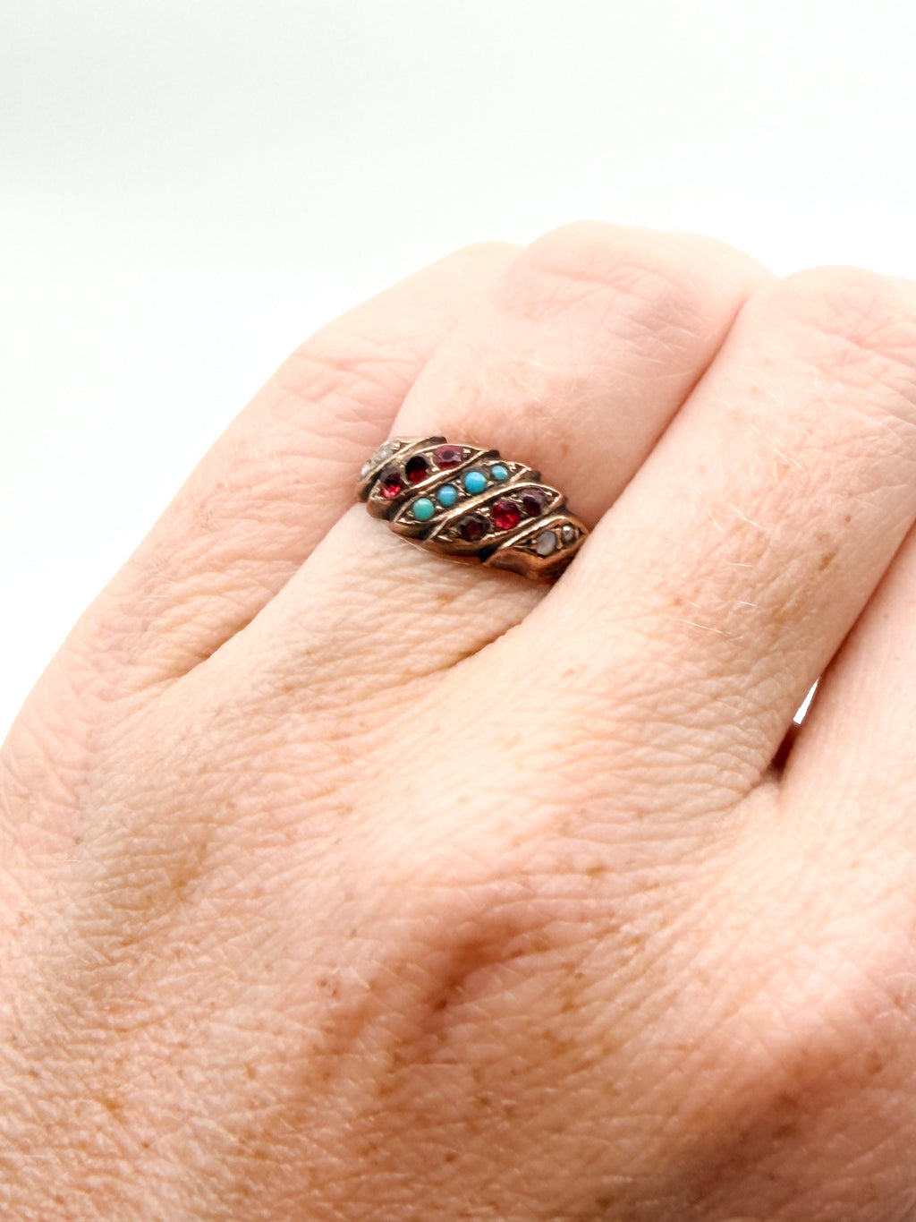 Victorian 9k gold turquoise and seed pearl ring