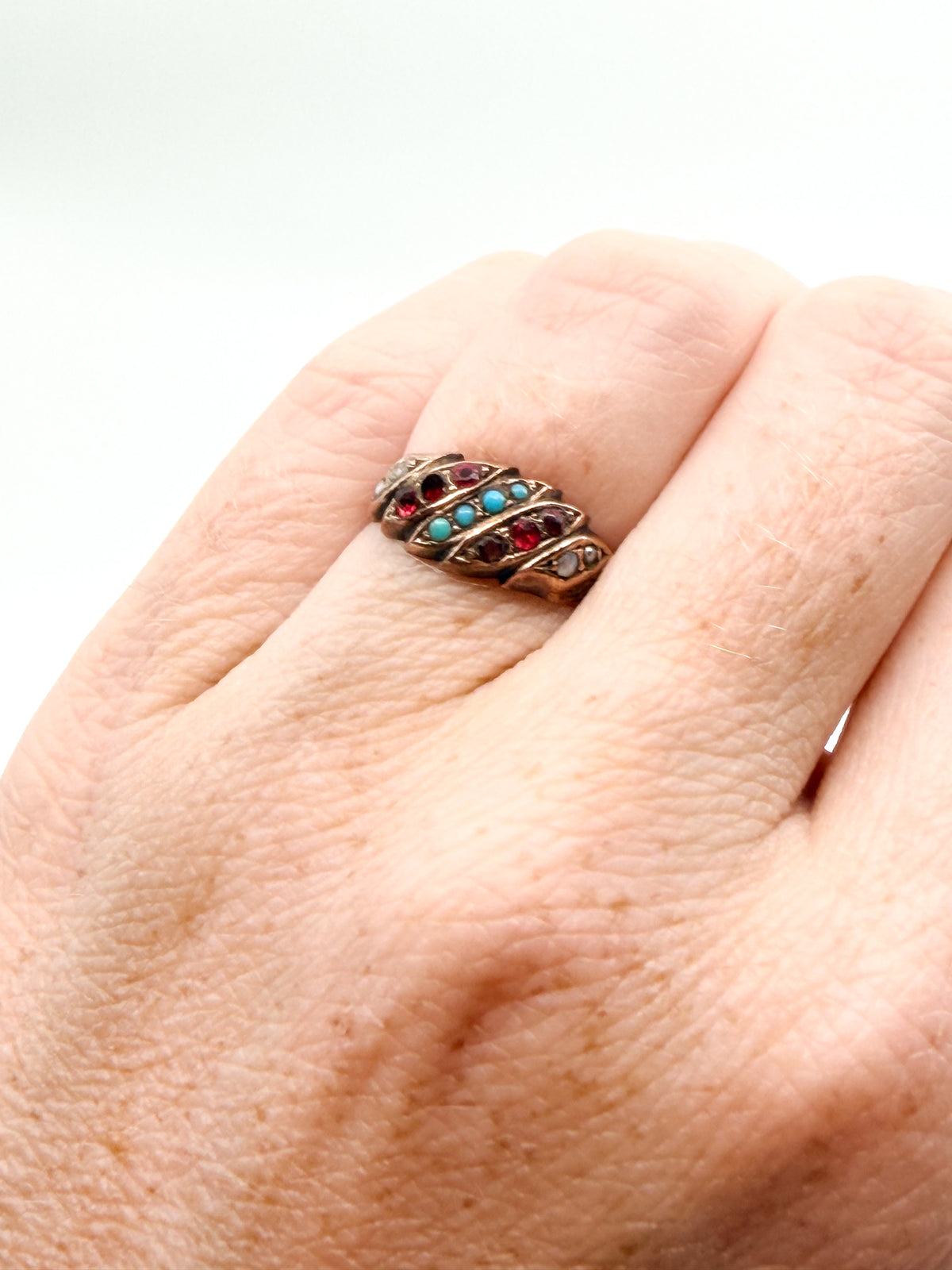 Victorian 9k gold turquoise and seed pearl ring