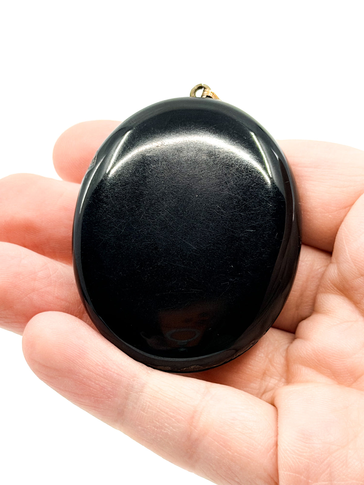 Victorian Whitby jet mourning locket with photo portrait and 14k bail