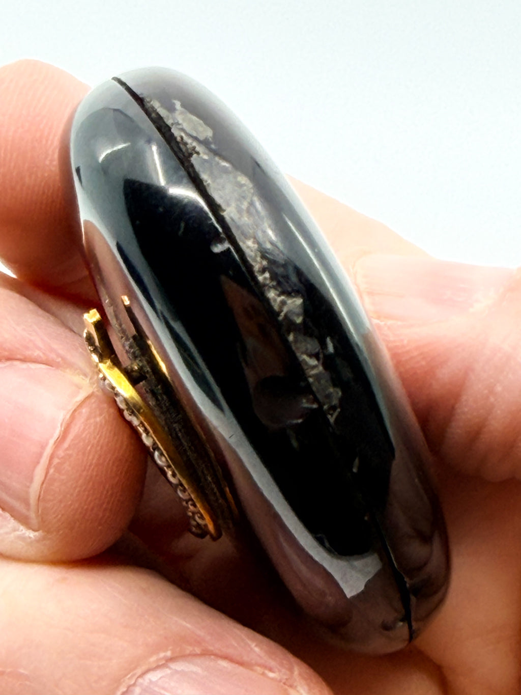 Victorian Whitby jet mourning locket with photo portrait and 14k bail