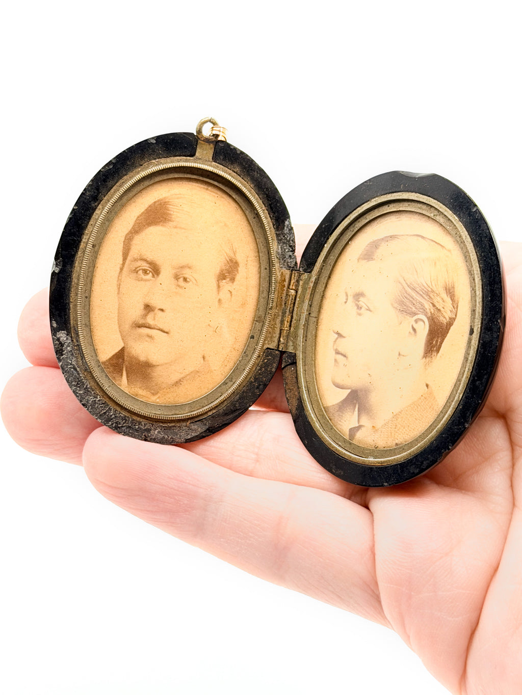 Victorian Whitby jet mourning locket with photo portrait and 14k bail
